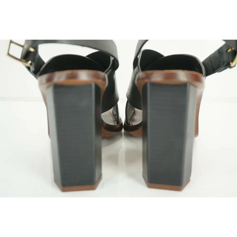 Tory Burch Black Leather Bleeker Wide Strappy Sandals Size 6.5 Hex Heel NIB